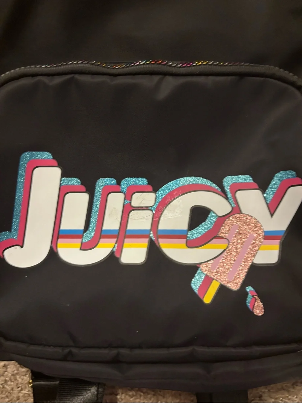 Juicy Couture Kids Black Mini Backpack with Rainbow Zipper/Logo Like New